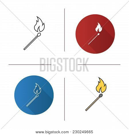 Burning Matchstick Icon. Flat Design, Linear And Color Styles. Arson. Isolated Vector Illustrations
