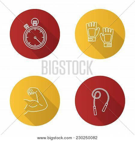 Fitness Flat Linear Long Shadow Icons Set. Sports Equipment. Stopwatch, Fingerless Gloves, Muscle Bi