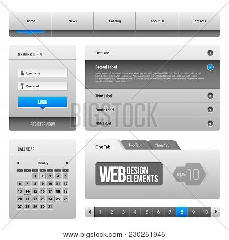 Modern Clean Website Design Elements Grey Blue Gray 3:  Download, Pagination, Accordion, Search .