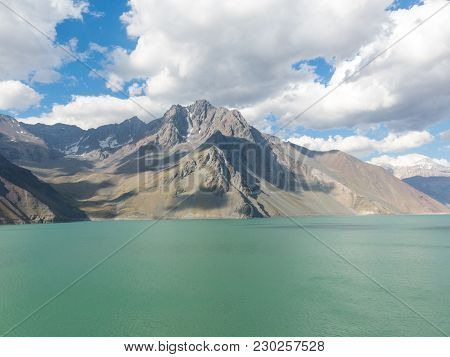 Mountains And Peaks Landscape. Lake Of Yeso. Cajon Del Maipo. Santiago Of Chile