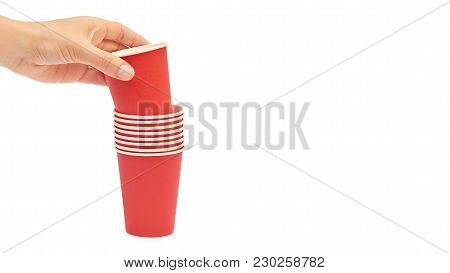 Female Hands Hold A Cardboard Or Plastic Disposable Cup. Isolated On White Background. Copy Space, T