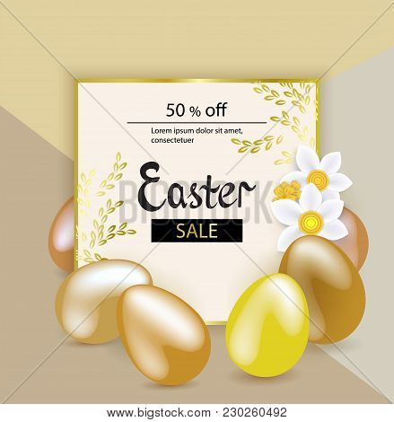 Gold Yellow Easter Eggs, White Snowdrops On The Betge Background. Easter Banner