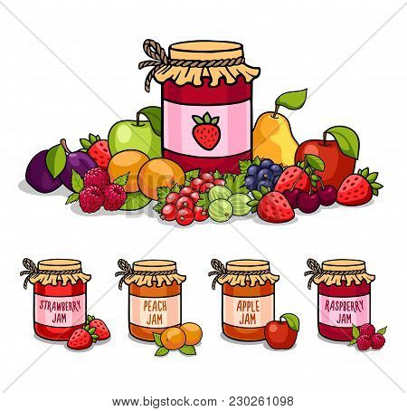 Jar Of Jam Surrounded By Fruits And Berries. Strawberry, Peach, Raspberry, Apple.vector Illustration