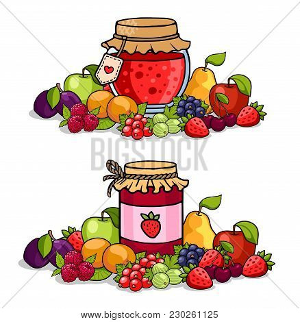 Jar Of Jam Surrounded By Fruits And Berries. Apple, Pear, Cherry, Strawberry, Peach, Raspberry, Plum