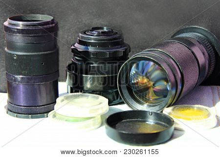 Photographic Lens Photofilters And Other Photo Accessories. Photoalbum. Retro Photo Objectives