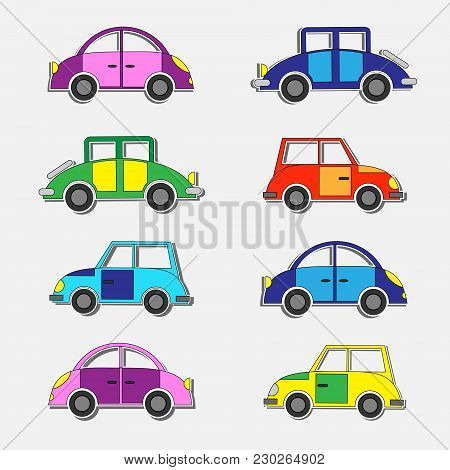 Colorful Retro Cars Stickers.vector Set, Transport Elements