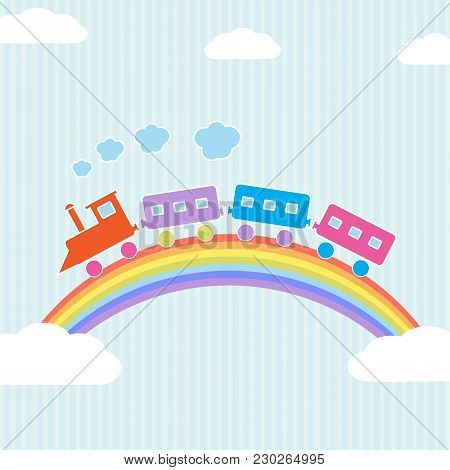 Colorful Train On Rainbow And Clouds.vector Illustration