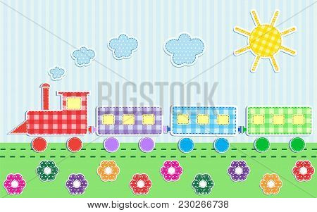 Cute Cartoon Train. Vector Textile Stickers, Paper Elements