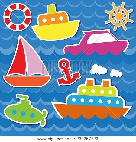 Marine Transport Stickers. Vector Set, Vector Elements