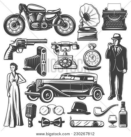 Vintage Retro Elements Set With Gentleman Woman Pistol Camera Automobile Motorcycle Gramophone Typew