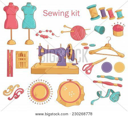 Set Of Hand-drawn Objects. Sewing Kit. Vector Illustration.