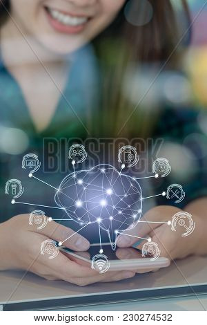 Polygonal Brain Shape Of An Artificial Intelligence With Various Icon Of Smart City Internet Of Thin