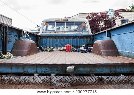 Pickup Truck Taligate Back Rusty Blue Trash