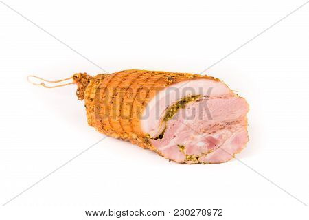 Smoked Brisket With A Layer Of Bacon Isolated On White Background. Meat Products.