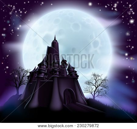 Halloween Castle Background With A Spooky Haunted Castle And Trees On A Hill Silhouetted Against A F