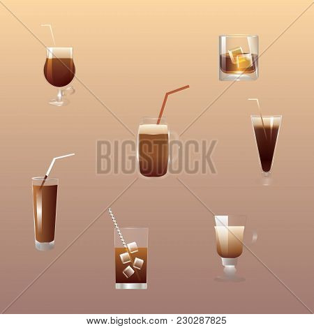 Set Of Seven Drinks Of Brown Tone - In Transparent Glasses Of Different Shapes - Cognac, Cocktail, S