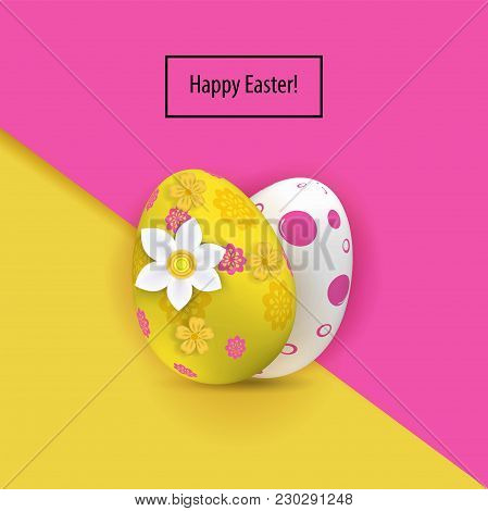 Yellow White Two Easter Eggs On The Pink Yellow Paper Background. Bright Easter Card. Paper Easter B