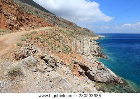 Coast Of Crete Island In Greece. Coastline Near Kissamos. Gravel Route To Balos.