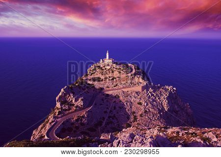 Lighthouse At Cap De Formentor On Majorca While Sunset.