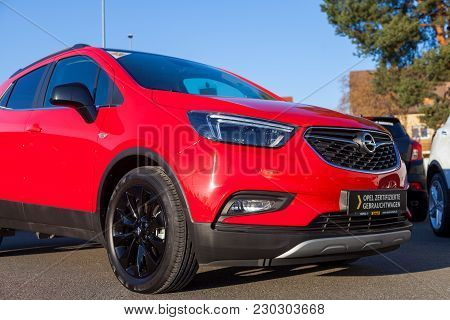 Nuernberg / Germany - March 4, 2018: Opel Logo On A Car At An Opel Car Dealer In Germany. Opel Autom