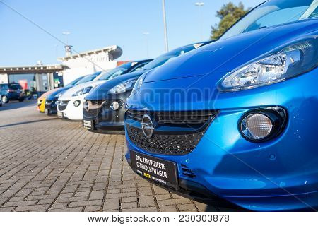 Nuernberg / Germany - March 4, 2018: Opel Logo On A Car At An Opel Car Dealer In Germany. Opel Autom
