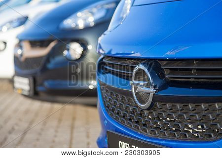 Nuernberg / Germany - March 4, 2018: Opel Logo On A Car At An Opel Car Dealer In Germany. Opel Autom