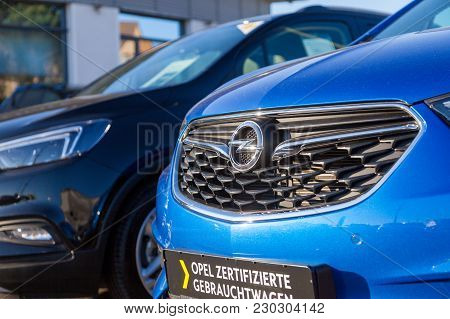 Nuernberg / Germany - March 4, 2018: Opel Logo On A Car At An Opel Car Dealer In Germany. Opel Autom