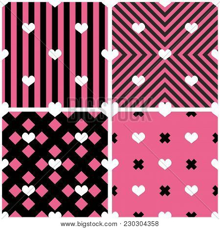 Tile Vector Pattern With Hearts On Pink And Black Background