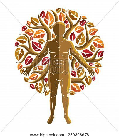 Vector Graphic Illustration Of Muscular Human, Self Created With Autumn Tree Eco Leaves. Healthy Lif