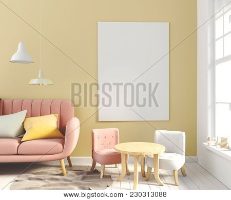 Pastel Child's Room. Playroom. Modern Style. 3D Illustration. Posterl Mock Up