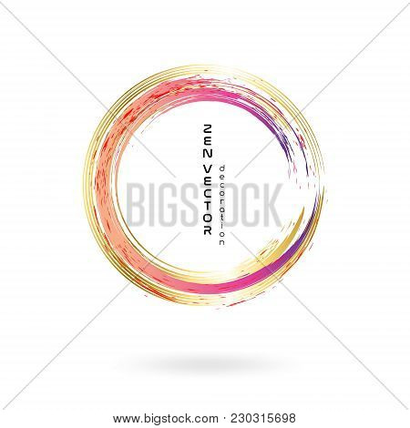 Ink Zen Circle Emblem. Hand Drawn Abstract Decoration Element. Pinl And Gold