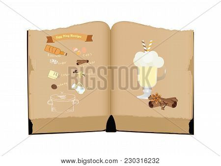 Old Recipe Book, Egg Nog Ingredients, Christmas Hot Drink. Isolated, White Background, Art Vector Ad