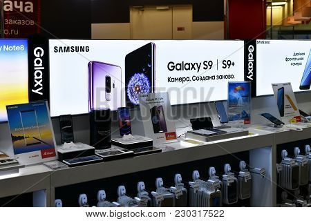 Khimki, Russia - March 08. 2018. Phone Samsung Galaxy S9 In Shop Mvideo In A Shopping Center League
