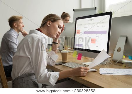 Frustrated Tired Businesswoman Reading Document With Bad News, Corporate Employee Stressed By Mistak