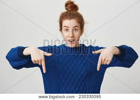 You Never Believe What I Saw Downstairs. Portrait Of Emotive Excited Good-looking Girl With Ginger H