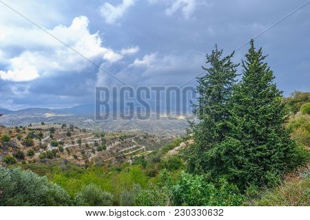 Aerial View Across Rural Countryside In The Wine Growing Region Of Cyprus.  Stormy Day Shot Taken In