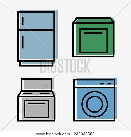 Kitchen Appliances Web - Set Of 4 Icons - Fridge, Plate, Washer, Dishwasher - Line Style