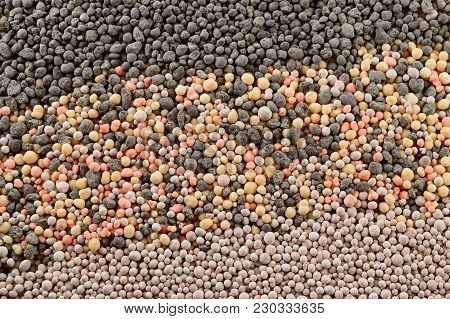 Multicolored Mineral Fertilizers Granules Closeup As Background