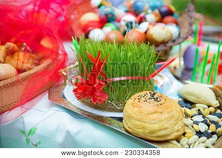 Novruz Tray Plate With Azerbaijan National Pastry Pakhlava And Shekerbura Purple Silk Scarf . Novruz