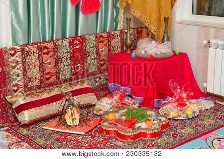 Novruz Tray Plate With Azerbaijan National Pastry Pakhlava And Shekerbura Purple Silk Scarf . Novruz