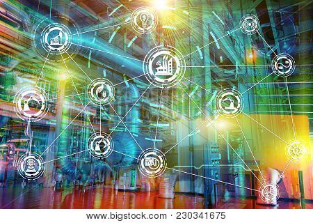 Industry 4.0 Concept Image. Industrial Instruments In The Factory With Cyber And Physical System Ico