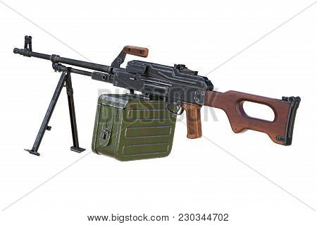 Machinegun Automatic Army With Wooden Handle. 3d Rendering