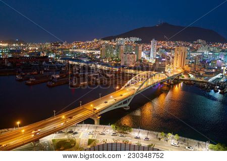 BUSAN, SOUTH KOREA - CIRCA MAY, 2017: view of Busan from Lotte Department Store. Busan, formerly known as Pusan, is South Korea's second most-populous city after Seoul.