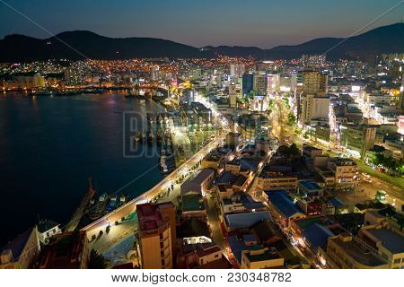 BUSAN, SOUTH KOREA - CIRCA MAY, 2017: view of Busan from Lotte Department Store. Busan, formerly known as Pusan, is South Korea's second most-populous city after Seoul.