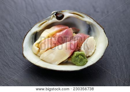hokkigai (sakhalin surf clam) sashimi, japanese cuisine