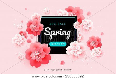 Spring Sale Beautiful Banner Design With Pink Flowers Illustration - Poster Template, Flyer, Invitat