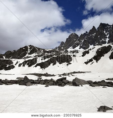 Snowy Mountain And Sky With Clouds. Turkey, Kachkar Mountains In Spring, Highest Part Of Pontic Moun