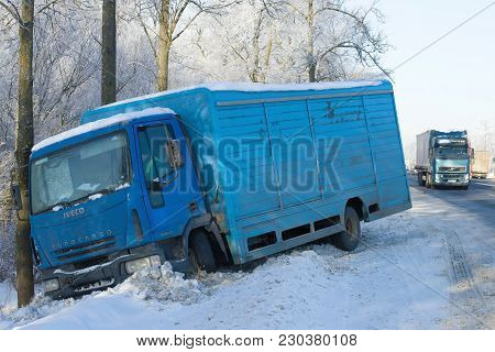 Leningrad Region, Russia - February 21, 2018: The Iveco Eurocargo 120el17 Truck Which Has Descended 