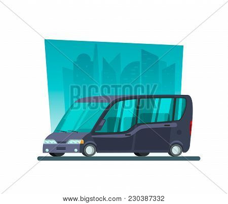 Image In A Flat Style With A City Car On A Background Of Skyscrapers