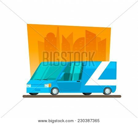 Image In A Flat Style With A City Car On A Background Of Skyscrapers